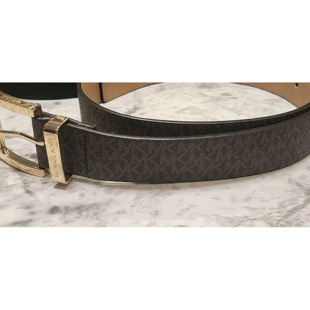 MICHAEL KORS Women's‎ MK Logo Belt Size M/L Brown & Black New Gold Silver
